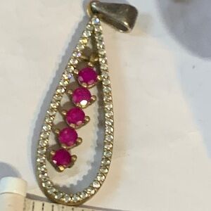 Elegant Gold Vermeil and Ruby Teardrop Diamanté Pendant mixed metal silver bail